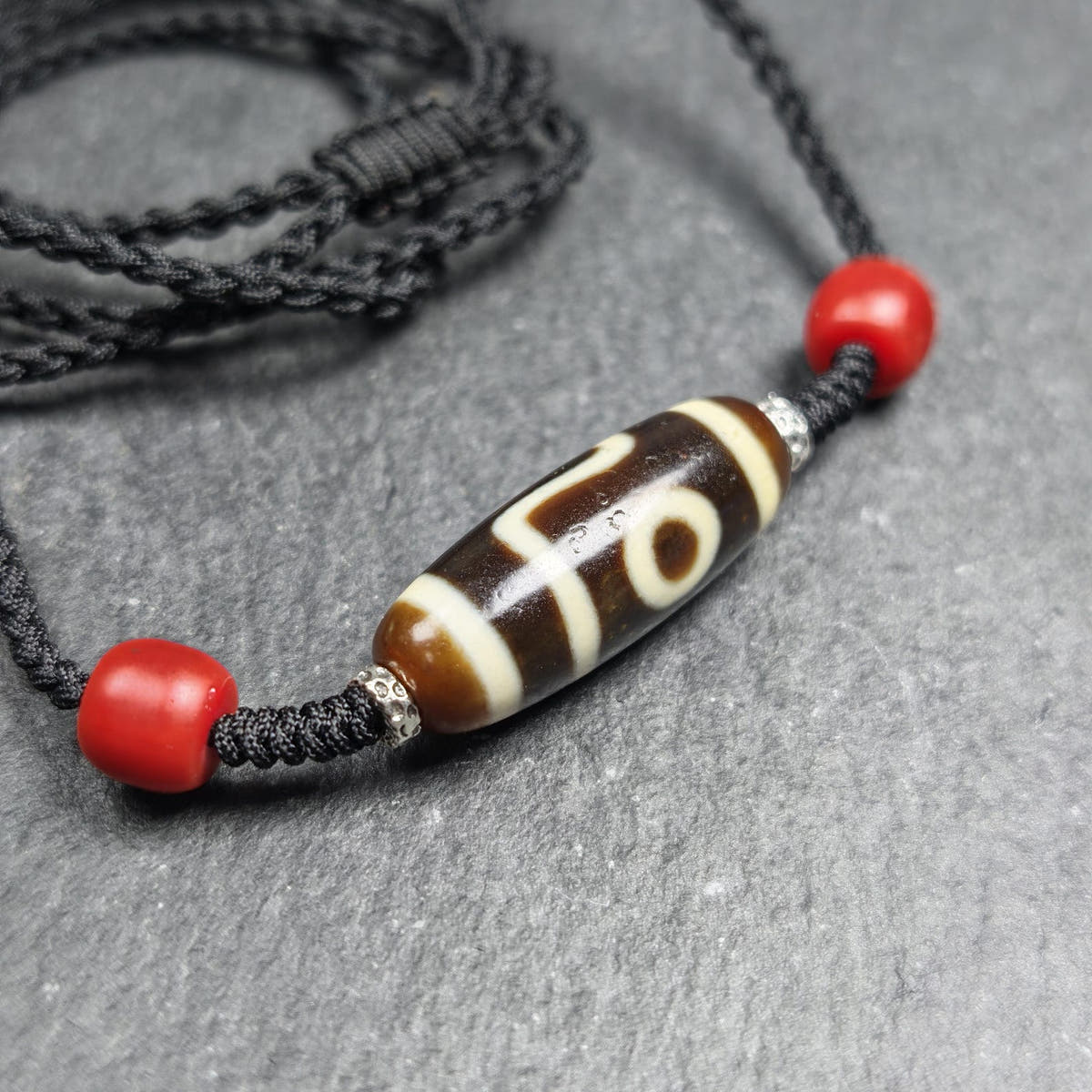 Antique 2 Eyes Dzi Bead Clavicle Necklace - Tibetan Buddhist bead necklace, view 8