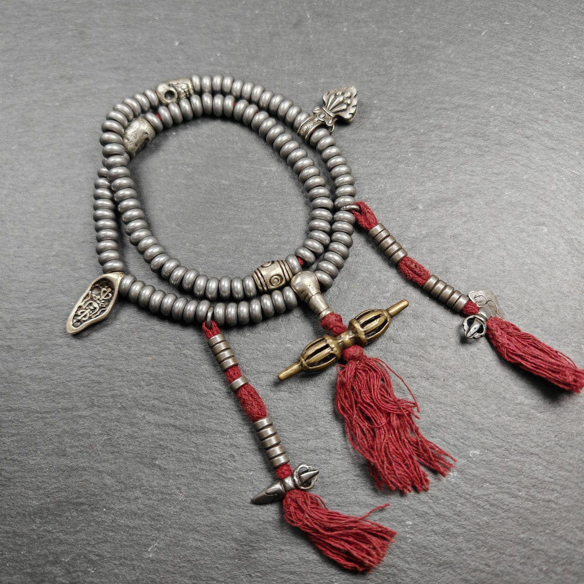 Tibetan Cold Iron Mala - Tibetan Buddhist mala beads, close-up detail