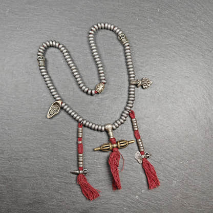 Tibetan Cold Iron Mala - Tibetan Buddhist mala beads, front view