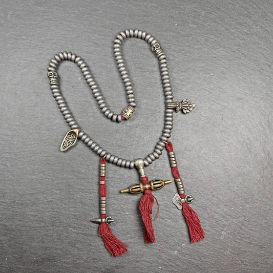 Tibetan Cold Iron Mala - Tibetan Buddhist mala beads, front view