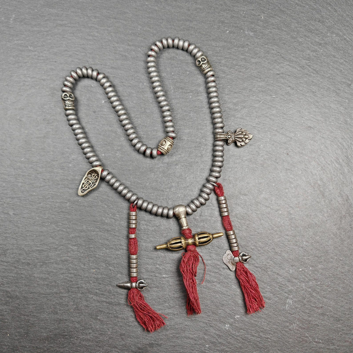 Tibetan Cold Iron Mala - Tibetan Buddhist mala beads, front view