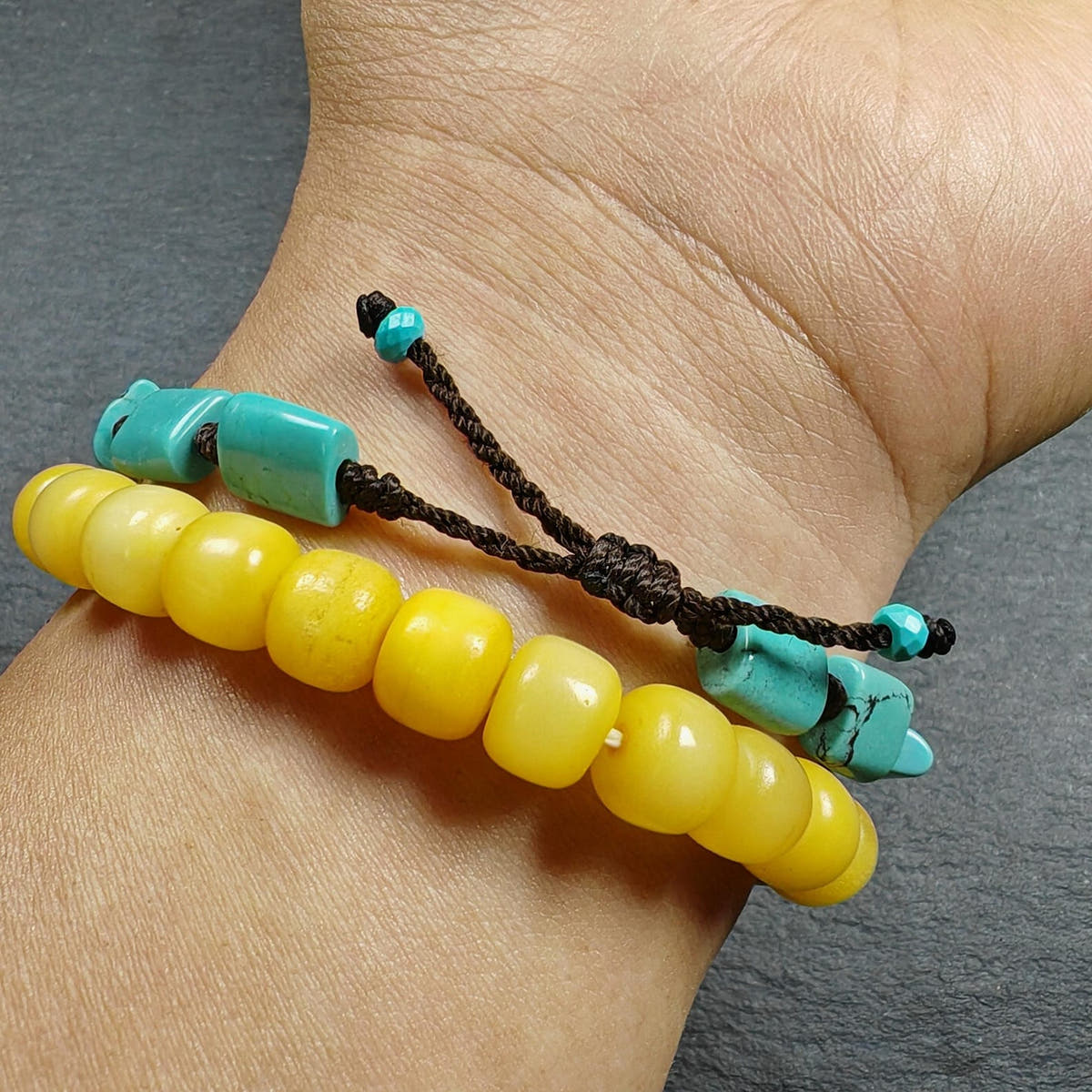 Tibetan Turquoise Beads Bracelet - 42cm Length - Tibetan Buddhist art, close-up detail