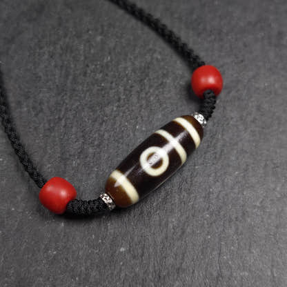 Antique 2 Eyes Dzi Bead Clavicle Necklace - Tibetan Buddhist bead necklace, front view