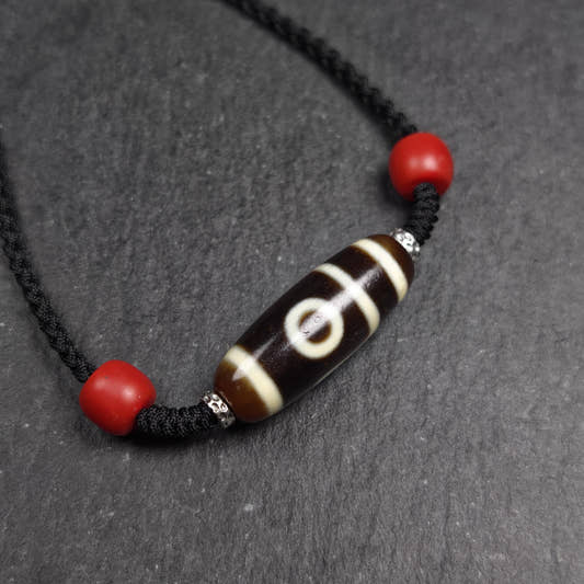 Antique 2 Eyes Dzi Bead Clavicle Necklace - Tibetan Buddhist bead necklace, front view