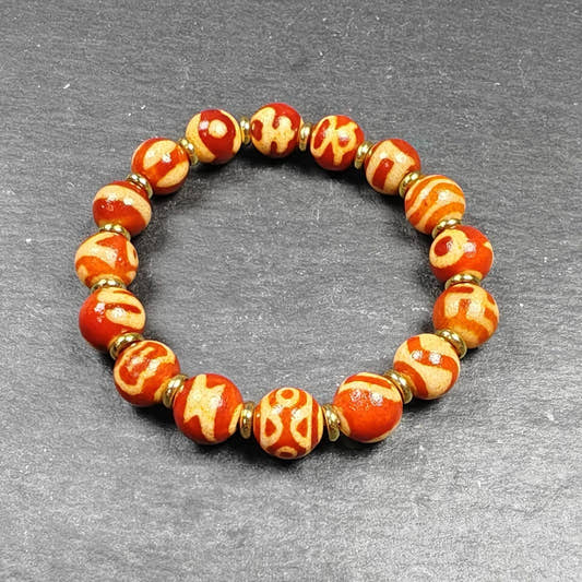 Authentic Tibetan Fire Agate Darlo Dzi Wrist Mala - Tibetan Buddhist mala beads, front view