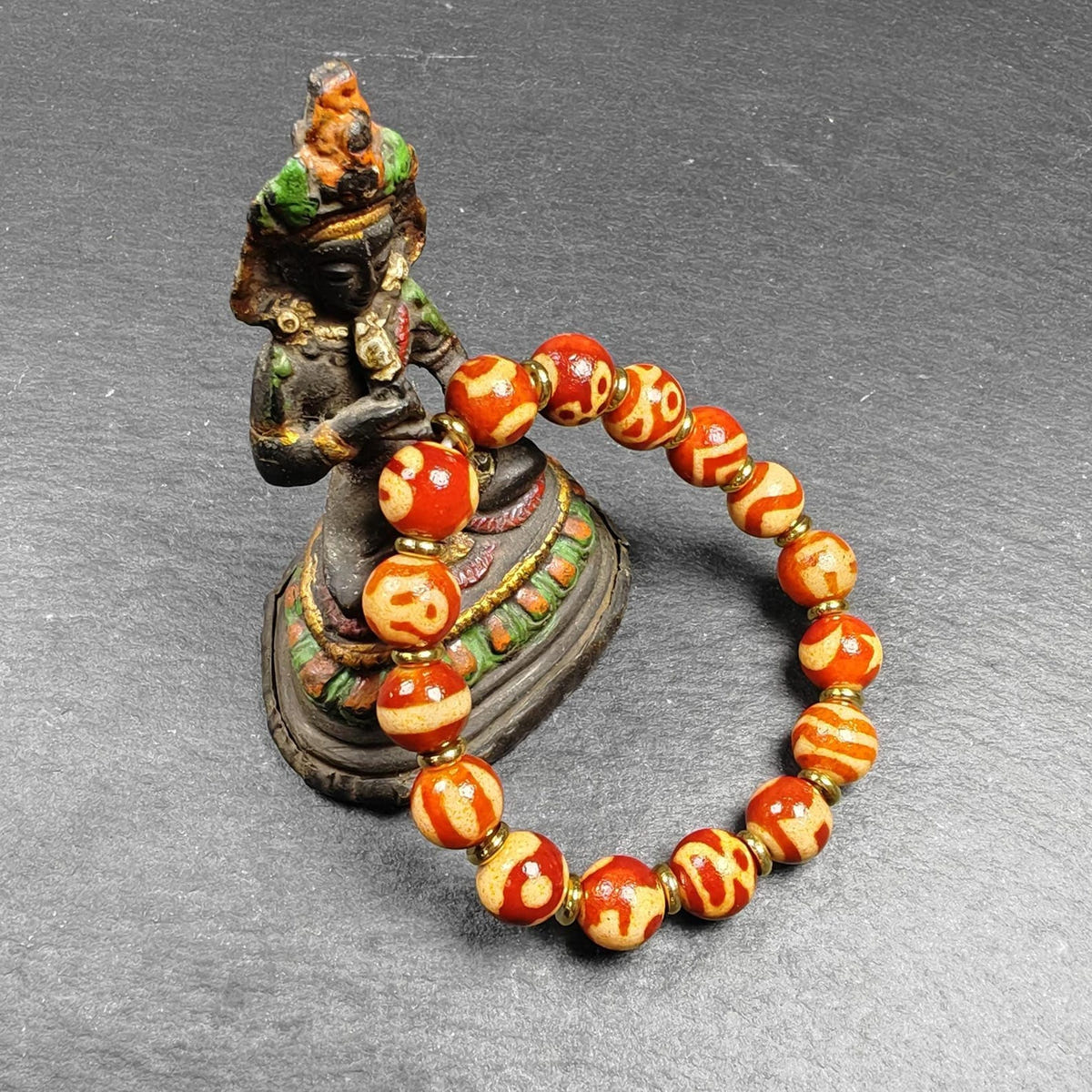 Authentic Tibetan Fire Agate Darlo Dzi Wrist Mala - Tibetan Buddhist mala beads, view 10