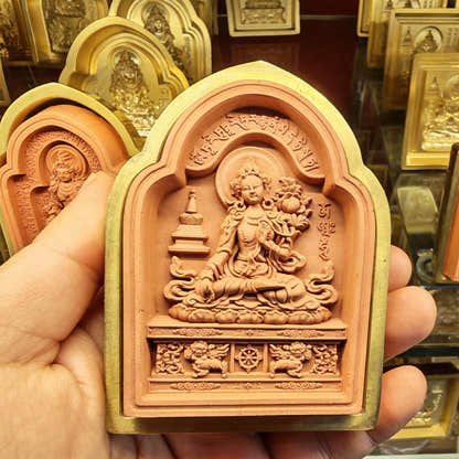 Bordered White Tara Tsa Tsa Mold - Tibetan tsa tsa mold, front view