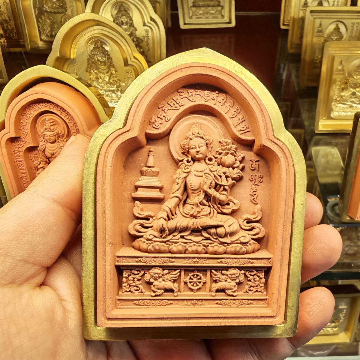 Bordered White Tara Tsa Tsa Mold - Tibetan tsa tsa mold, front view