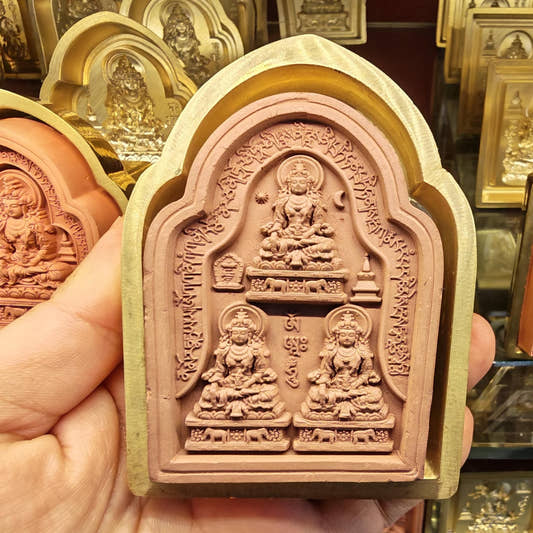 Bordered 3 Akshobhya Tsa Tsa Mold - Tibetan tsa tsa mold, front view
