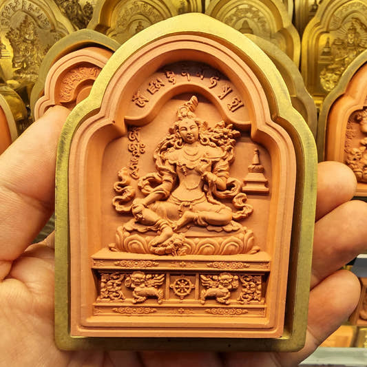 Bordered Yellow Tara Tsa Tsa Mold - Tibetan tsa tsa mold, front view