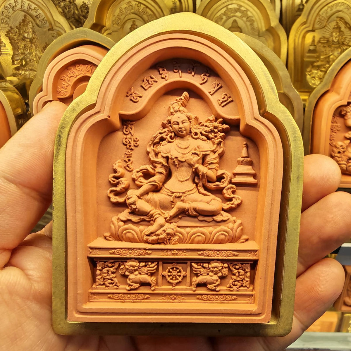 Bordered Yellow Tara Tsa Tsa Mold - Tibetan tsa tsa mold, front view