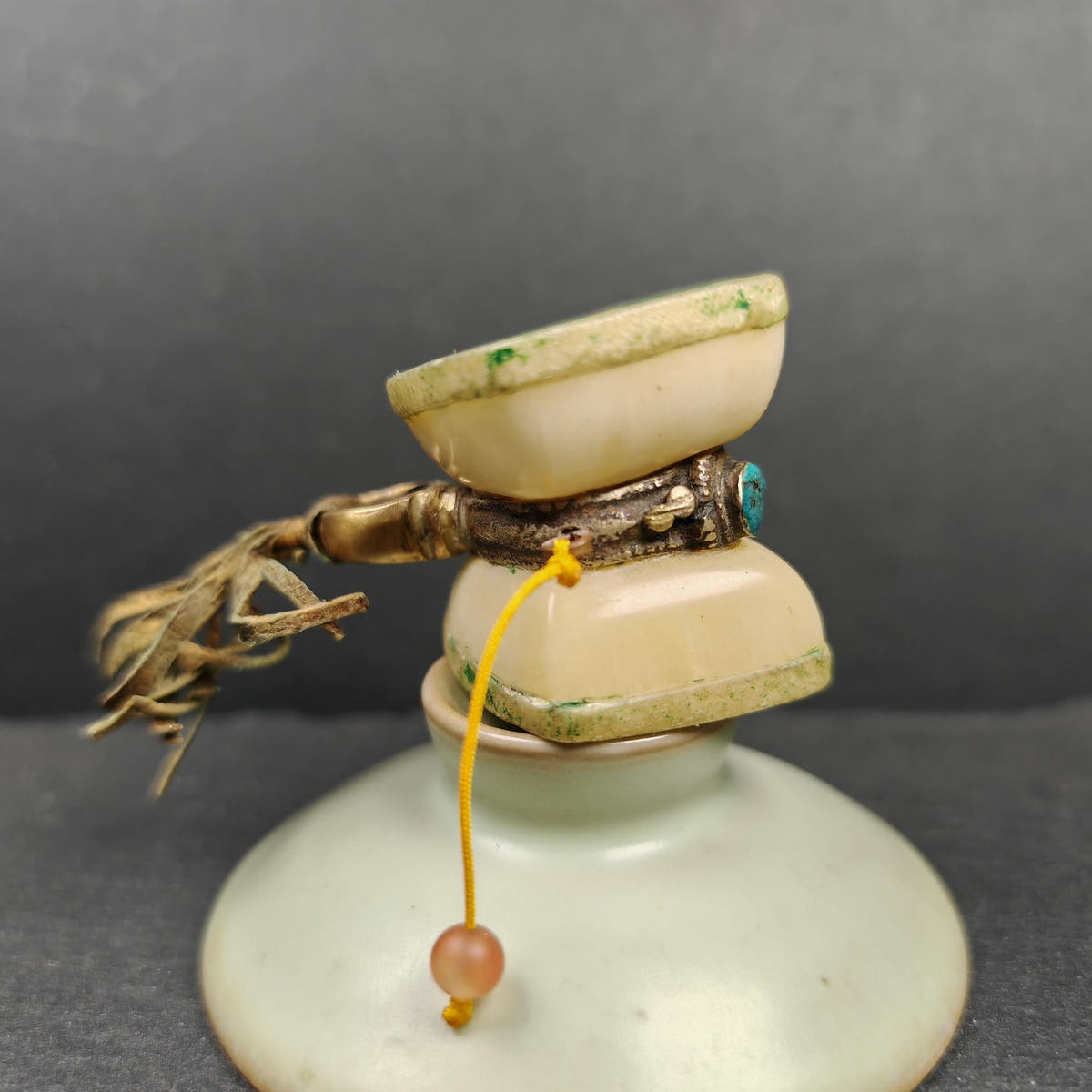Portable Tibetan Chöd - Old Damaru Drum - Tibetan Buddhist art, close-up detail