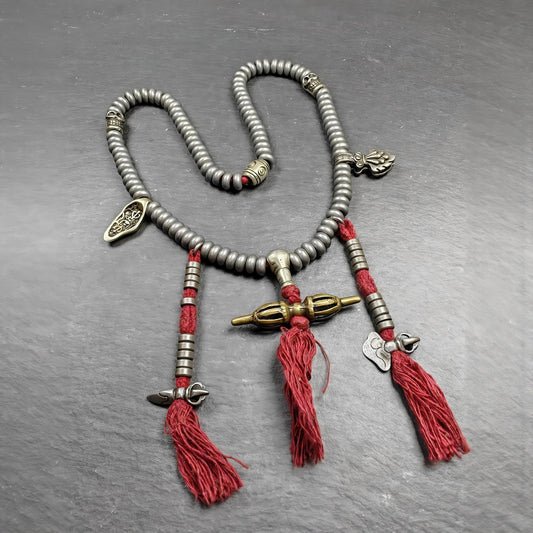 Tibetan Cold Iron Mala | Old 108 Prayer Beads with Counters and Clips