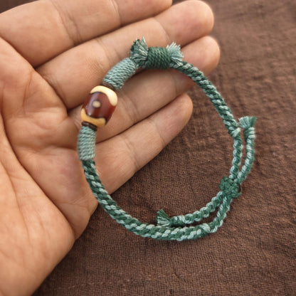 Hand Woven Bracelet with Fire Agate Tibetan 3 Eyes Mandala Dzi Beads