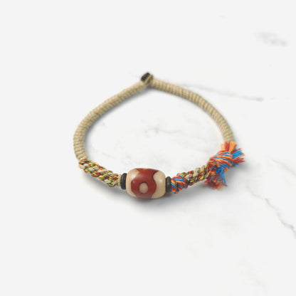 Hand Woven Bracelet with Fire Agate Tibetan 3 Eyes Mandala Dzi Beads