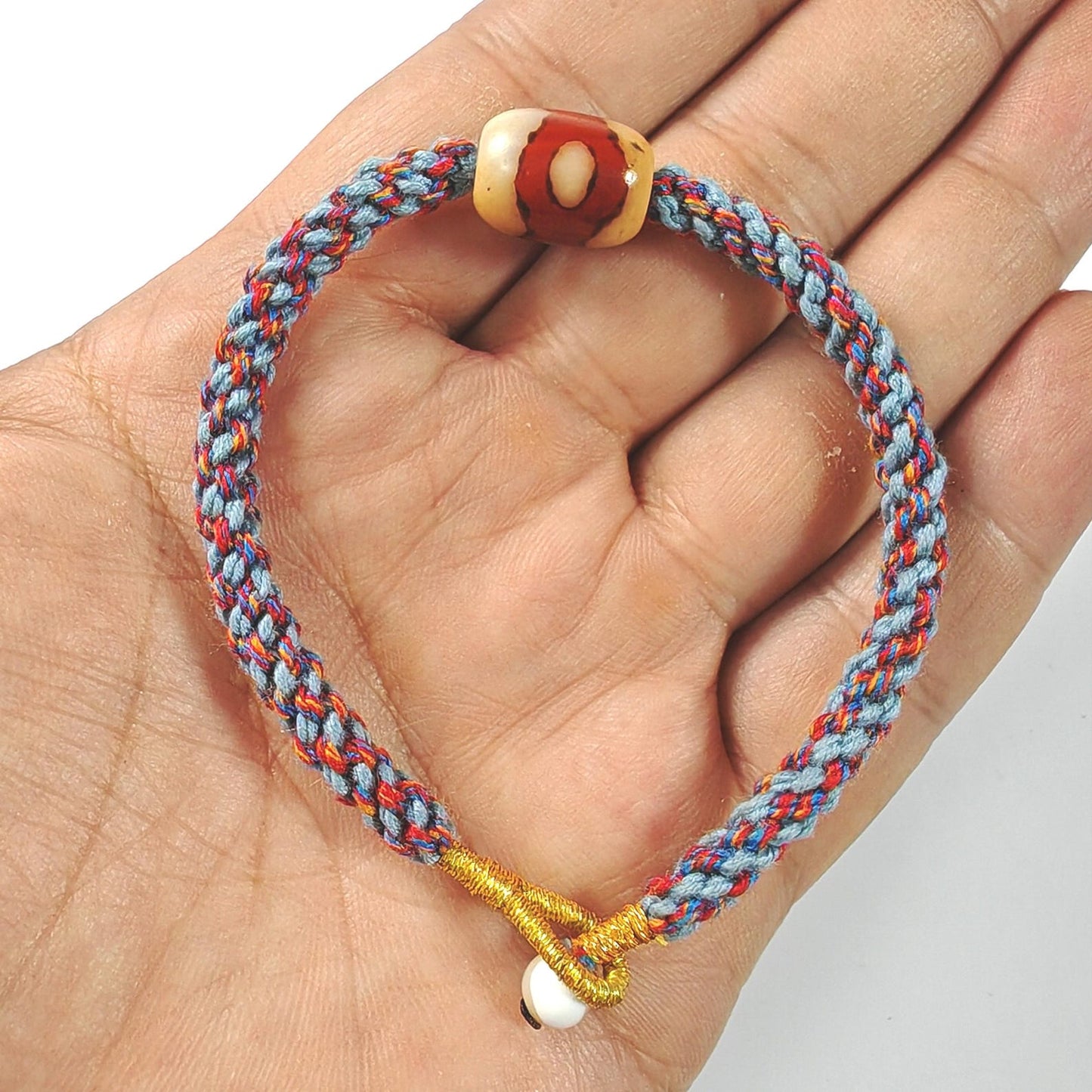 Hand Woven Bracelet with Fire Agate Tibetan 3 Eyes Mandala Dzi Beads