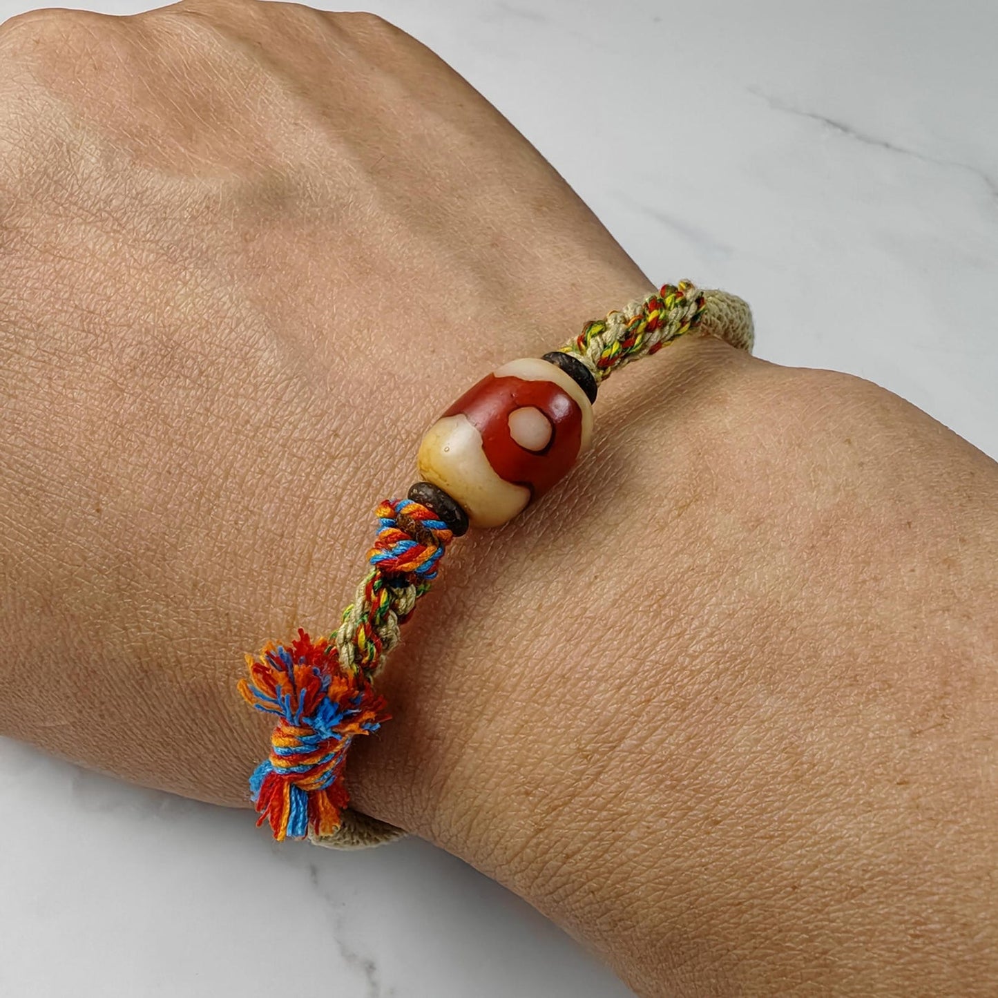 Hand Woven Bracelet with Fire Agate Tibetan 3 Eyes Mandala Dzi Beads