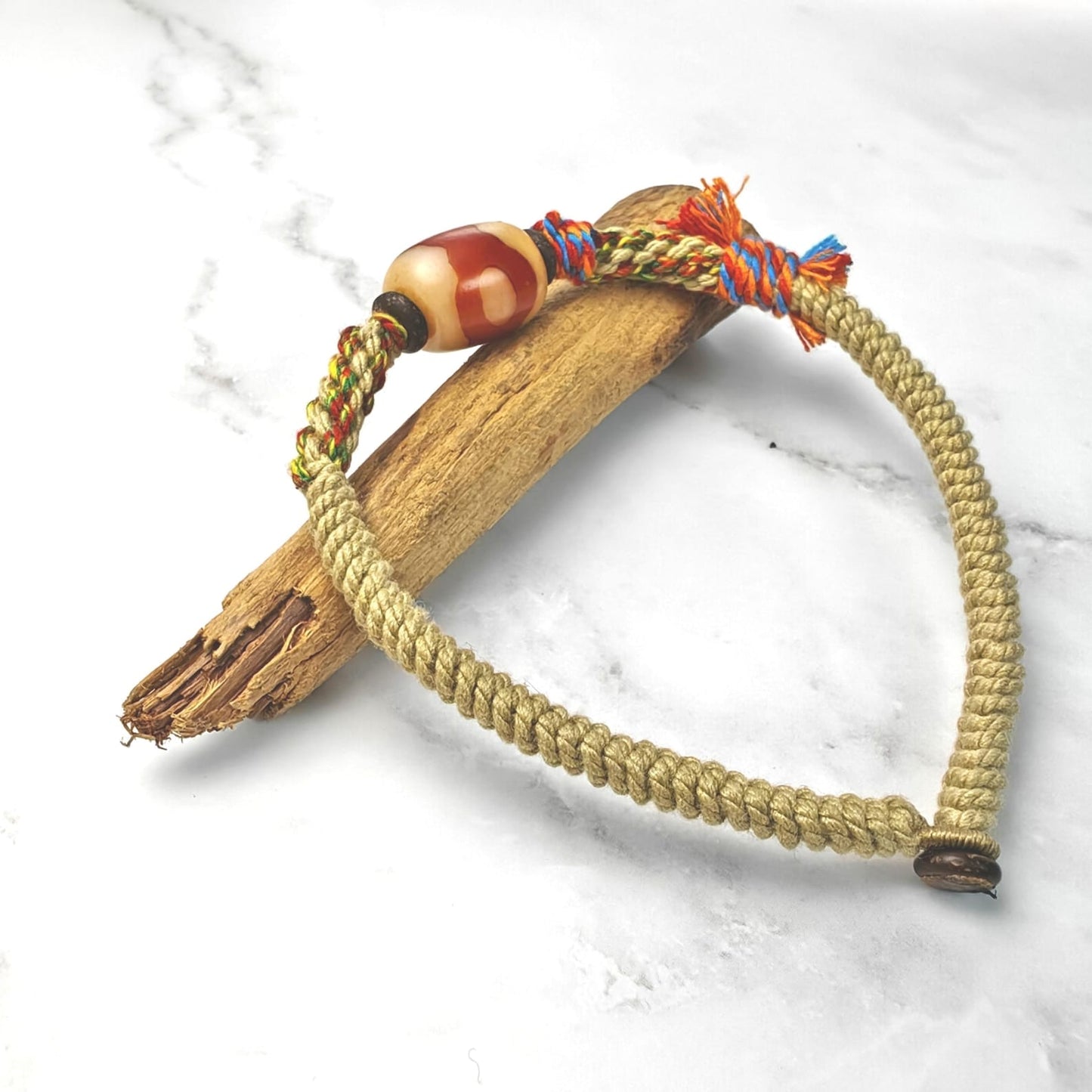 Hand Woven Bracelet with Fire Agate Tibetan 3 Eyes Mandala Dzi Beads