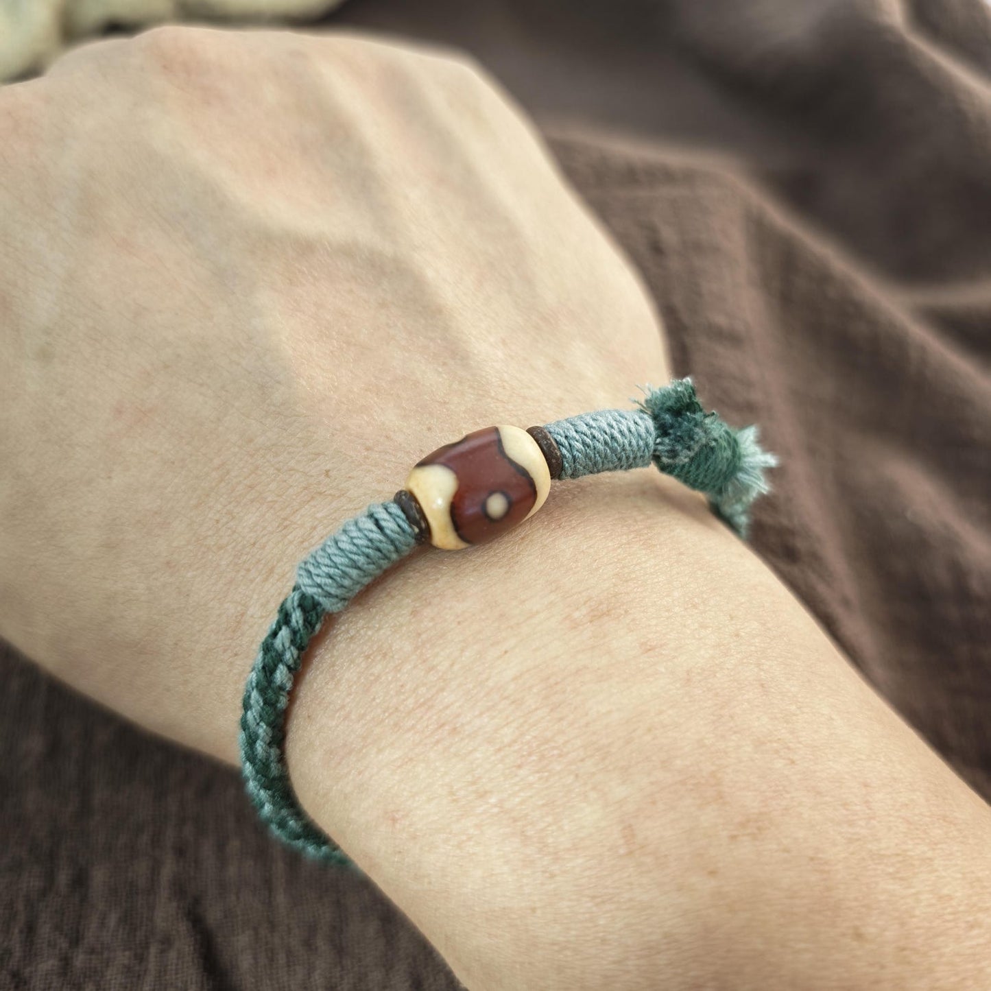 Hand Woven Bracelet with Fire Agate Tibetan 3 Eyes Mandala Dzi Beads