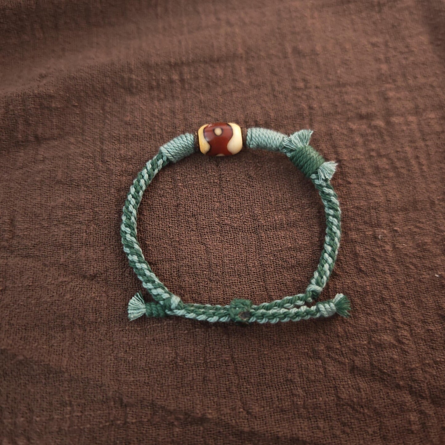 Hand Woven Bracelet with Fire Agate Tibetan 3 Eyes Mandala Dzi Beads
