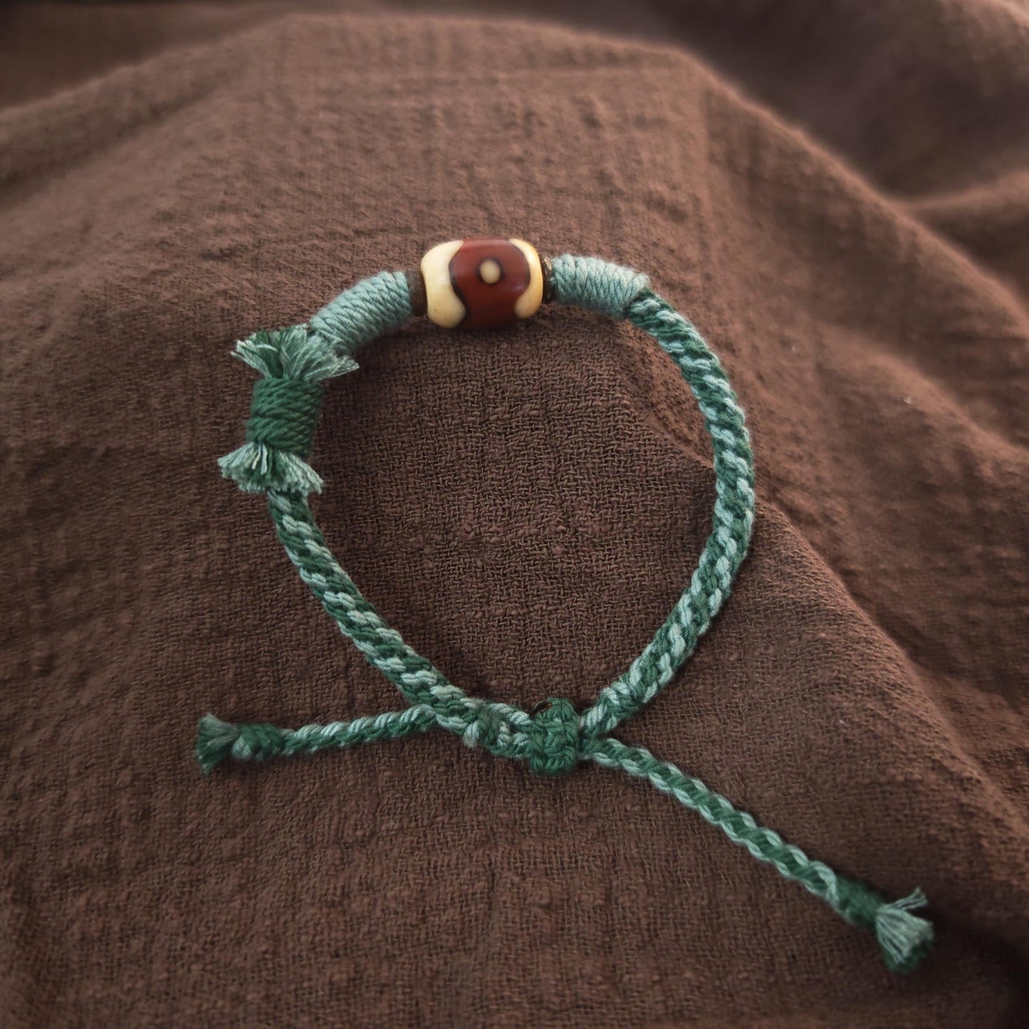 Hand Woven Bracelet with Fire Agate Tibetan 3 Eyes Mandala Dzi Beads