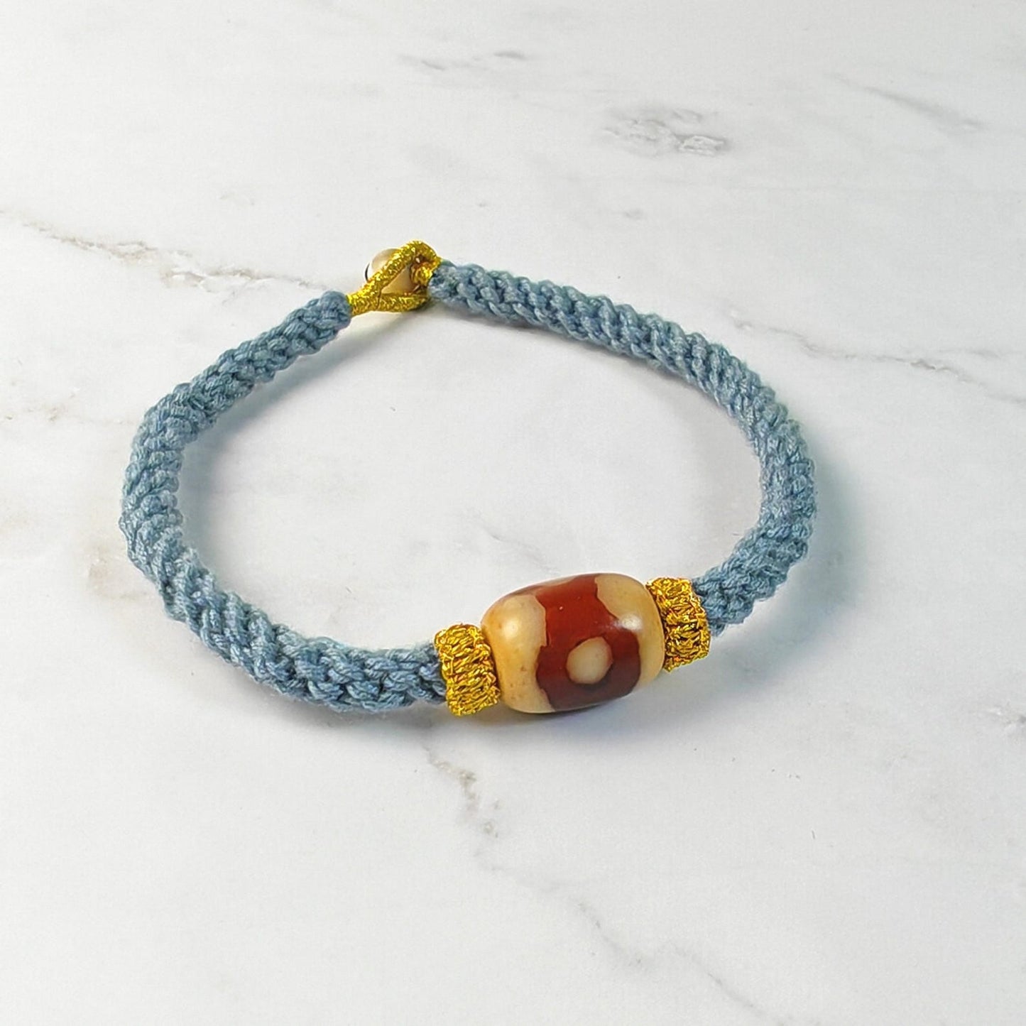 Hand Woven Bracelet with Fire Agate Tibetan 3 Eyes Mandala Dzi Beads