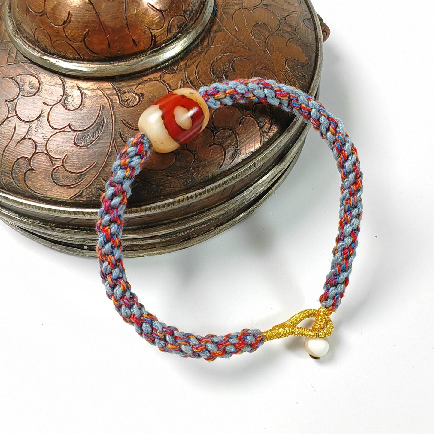 Hand Woven Bracelet with Fire Agate Tibetan 3 Eyes Mandala Dzi Beads