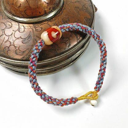 Hand Woven Bracelet with Fire Agate Tibetan 3 Eyes Mandala Dzi Beads