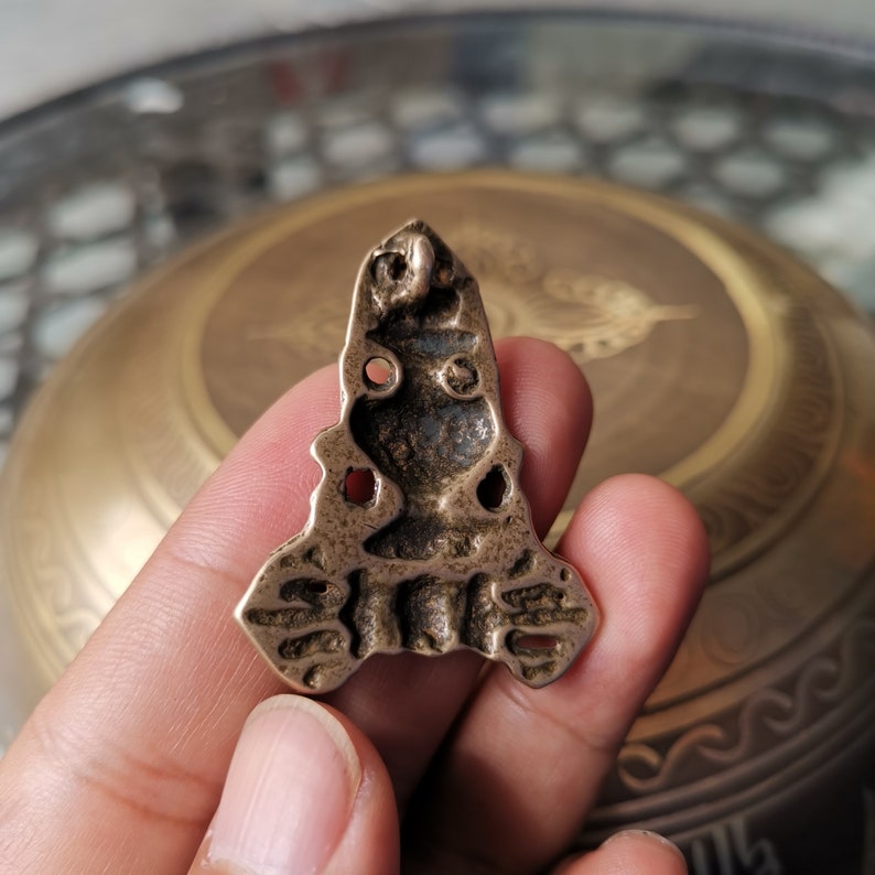 Gandhanra Antique Tibetan Buddhist Protective Amulet Pendant,Triratna Symbol Badge, Nubro,Made of Brass,60 Years Old