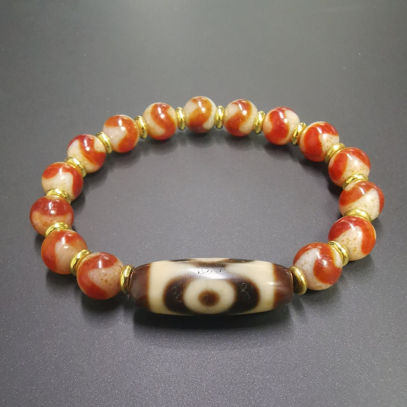 Dzi Bead Bracelet,Fire Agate 3 Eyes Dzi Bead Bracelet,Protective Amulet Bead Jewelry Gandhanra-ART