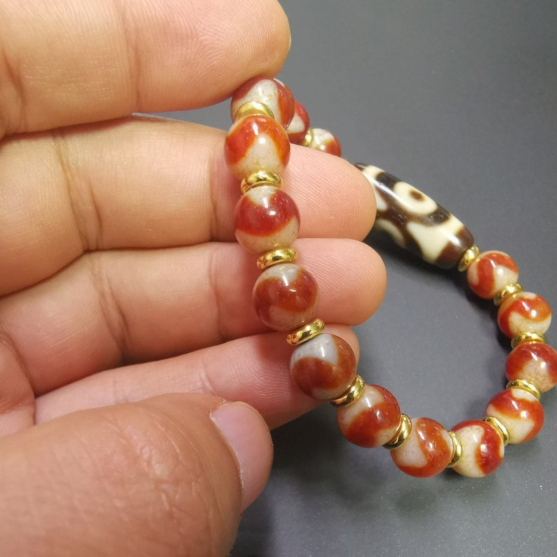 Dzi Bead Bracelet,Fire Agate 3 Eyes Dzi Bead Bracelet,Protective Amulet Bead Jewelry Gandhanra-ART