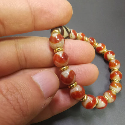 Dzi Bead Bracelet,Fire Agate 3 Eyes Dzi Bead Bracelet,Protective Amulet Bead Jewelry Gandhanra-ART