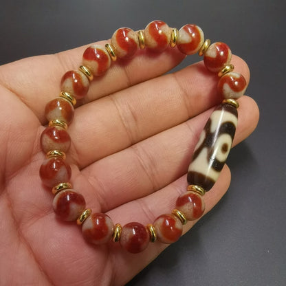 Dzi Bead Bracelet,Fire Agate 3 Eyes Dzi Bead Bracelet,Protective Amulet Bead Jewelry Gandhanra-ART