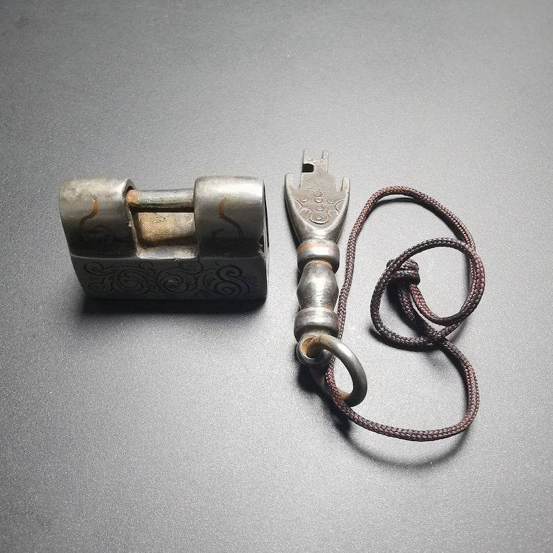 Iron Padlock Amulet, Mini Lock for Home Decor / Suitcase - Tibetan Buddhist amulet, close-up detail