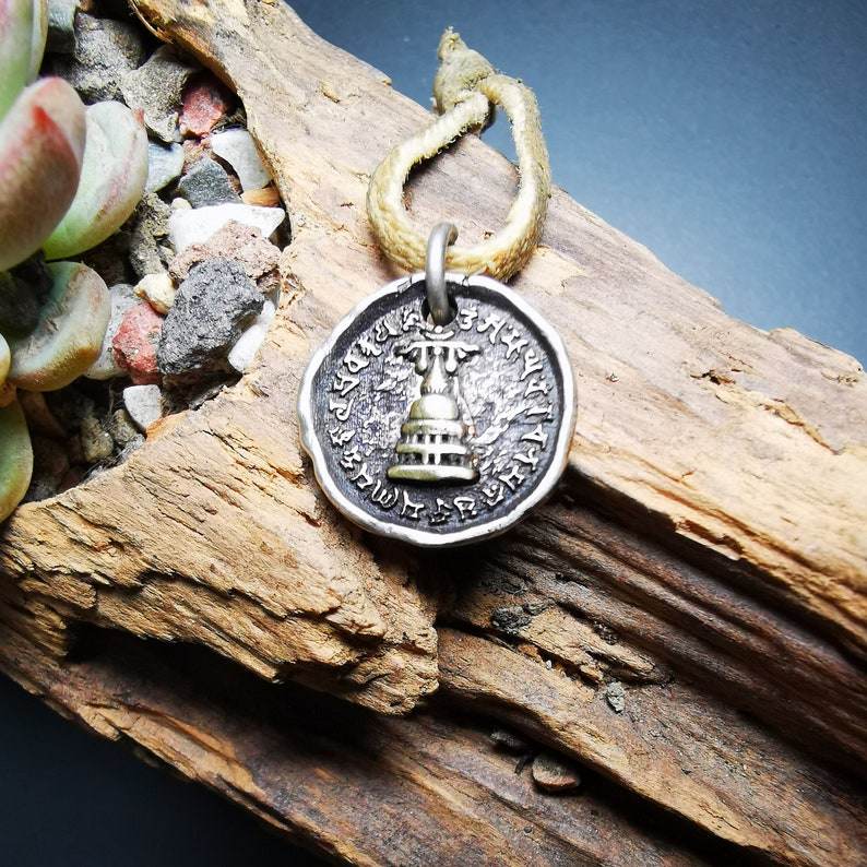 Buddhist Protective Pendant,Stupa,Pagoda,Buddhist Tower Amulet Badge,Sterling si - Tibetan Buddhist amulet, front view