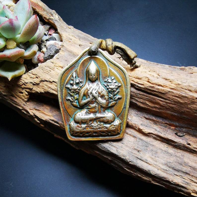 Buddhist Protective Pendant,Je Tsongkhapa Amulet,Losang Drakpa,Je Rinpoche - Tibetan Buddhist amulet, front view