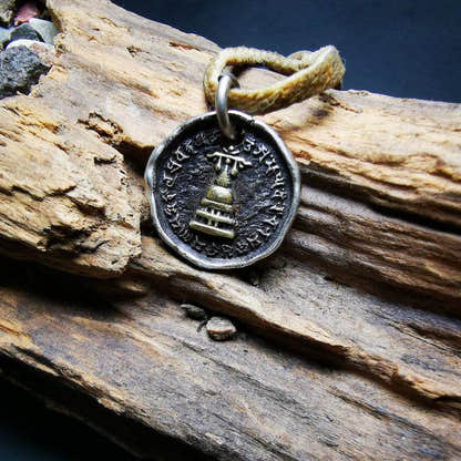 Buddhist Protective Pendant,Stupa,Pagoda,Buddhist Tower Amulet Badge,Sterling si - Tibetan Buddhist amulet, close-up detail