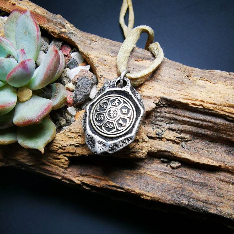 Protective Pendant,Om Mani Padme Hum Mantra Amulet - Tibetan Buddhist amulet, front view