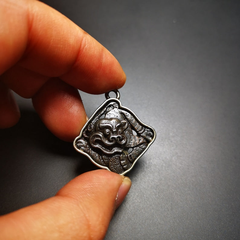 Gandhanra Antique Tibetan Buddhist Amulet,Tiger-the Four Dignities(Garuda,Tiger,Dragon,Lion),Buddhist Protective Talisman,Inlaid with Sliver