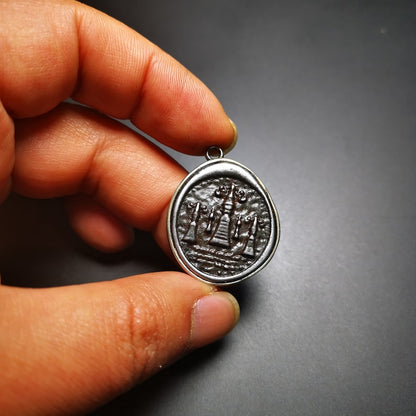 Gandhanra Antique Tibetan Buddhist Protective Pendant,Stupa,Pagoda,Buddhist Tower Amulet Badge,Made of Thokcha,inlaid with Sliver