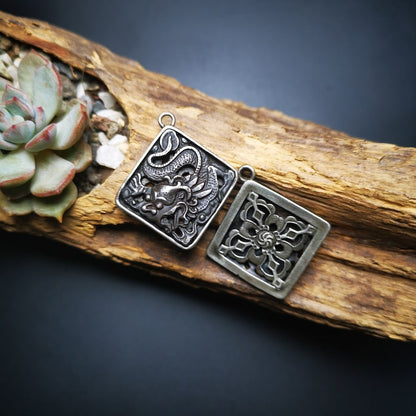 Gandhanra Antique Tibetan Buddhist Amulet,Dragon -the Four Dignities(Garuda,Tiger,Dragon,Lion),Protective Pendant,Inlaid with Sliver