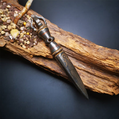 Gandhanra Tibetan Amulet Kila Dagger (Dorje Phurba),Dharma Ritual,Altar Tool,Made of Cold Iron inlaid with Copper