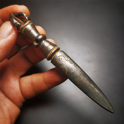 Gandhanra Tibetan Amulet Kila Dagger (Dorje Phurba),Dharma Ritual,Altar Tool,Made of Cold Iron inlaid with Copper