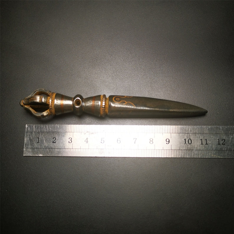 Gandhanra Tibetan Amulet Kila Dagger (Dorje Phurba),Dharma Ritual,Altar Tool,Made of Cold Iron inlaid with Copper