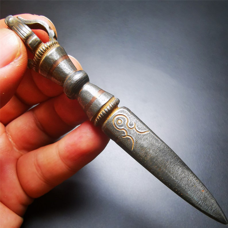 Gandhanra Tibetan Amulet Kila Dagger (Dorje Phurba),Dharma Ritual,Altar Tool,Made of Cold Iron inlaid with Copper