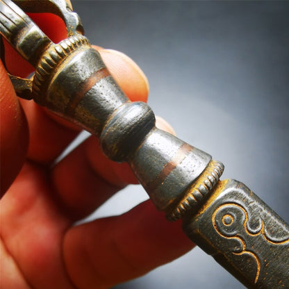 Gandhanra Tibetan Amulet Kila Dagger (Dorje Phurba),Dharma Ritual,Altar Tool,Made of Cold Iron inlaid with Copper