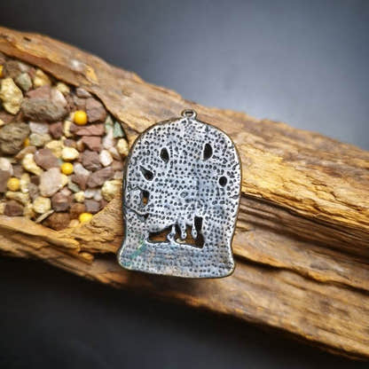 Thokcha Amulet Pendant,Mahakala, Buddhist Protector Deity, Made of Thunder Iron - Tibetan Buddhist amulet, detailed view