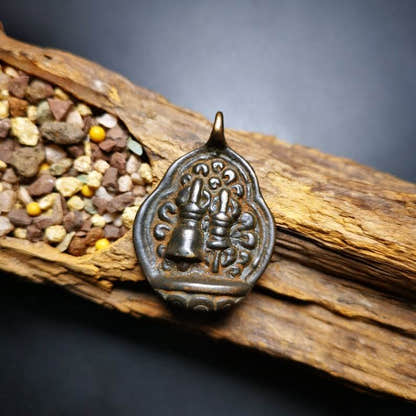 Buddhist Protective Amulet Pendant,A Tibetan vajra club and tribu bell ,80 years - Tibetan Buddhist amulet, front view