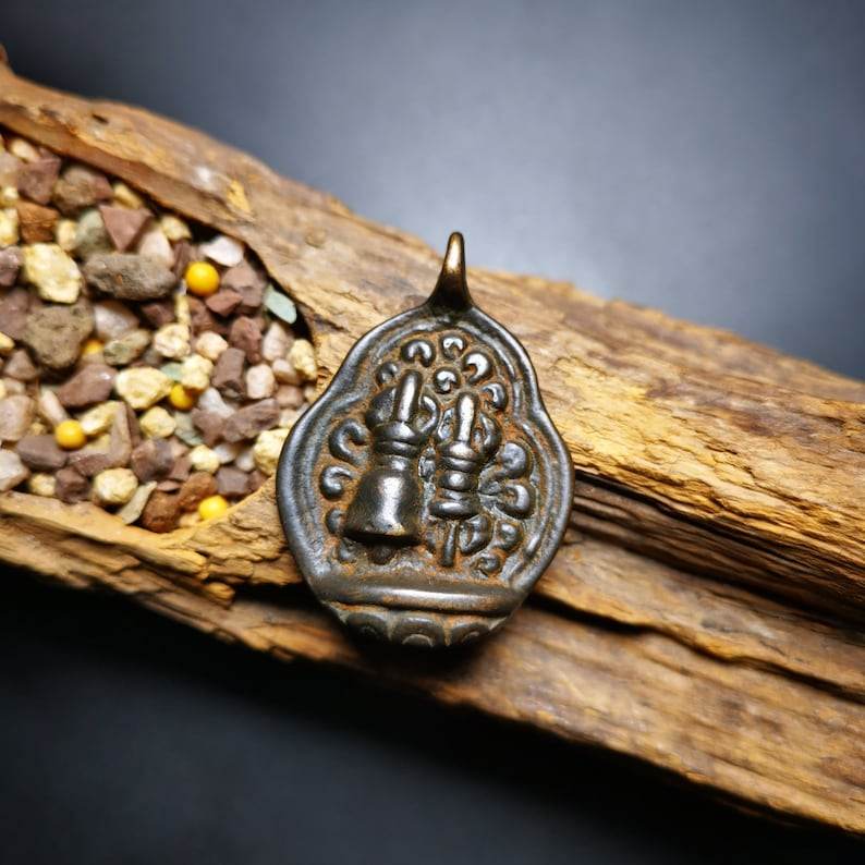 Buddhist Protective Amulet Pendant,A Tibetan vajra club and tribu bell ,80 years - Tibetan Buddhist amulet, front view