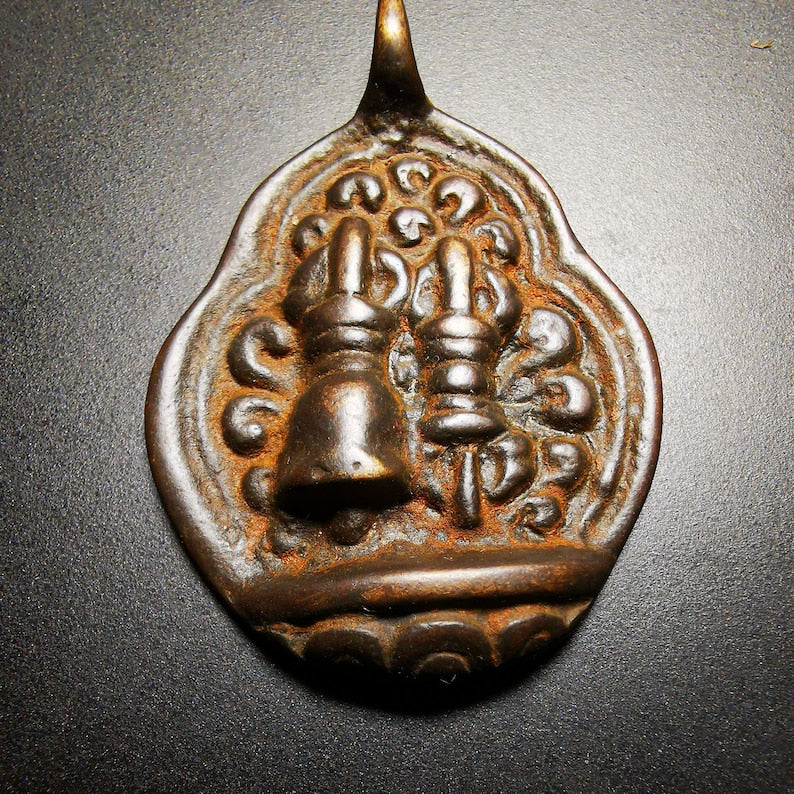 Buddhist Protective Amulet Pendant,A Tibetan vajra (club) and tribu (bell),80 years old